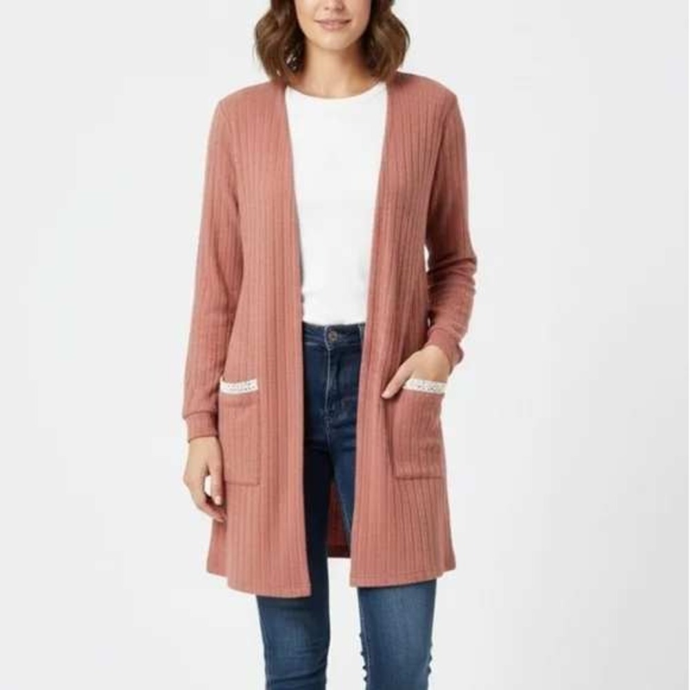 Blu Pepper Cozy Life Ribbed Open Front Cardigan Mauve Lace Trim Pocket Sz L Boho